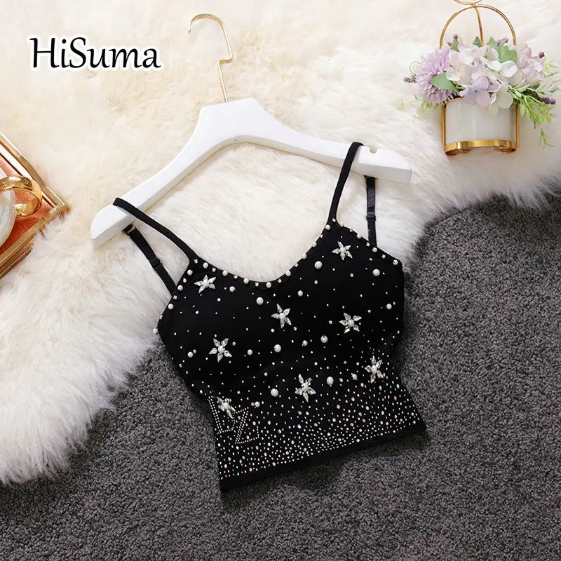

2021 summer women's V-neck strap beading rhinestones vest female sling bling With chest pad wireless Corset tops