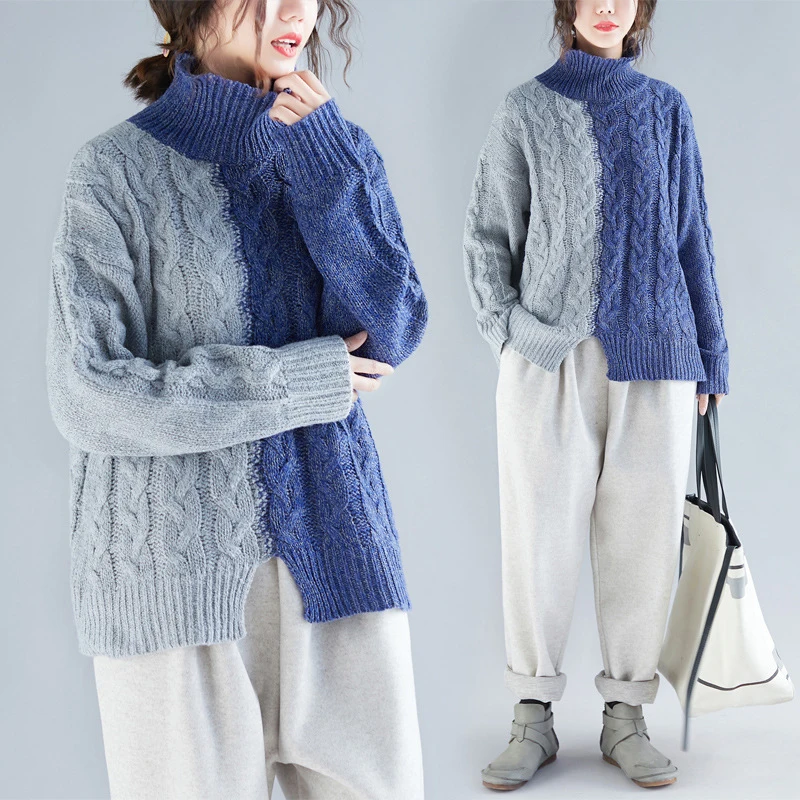 Женский трикотажный свитер-водолазка [EWQ] Черный Повседневный с разрезом