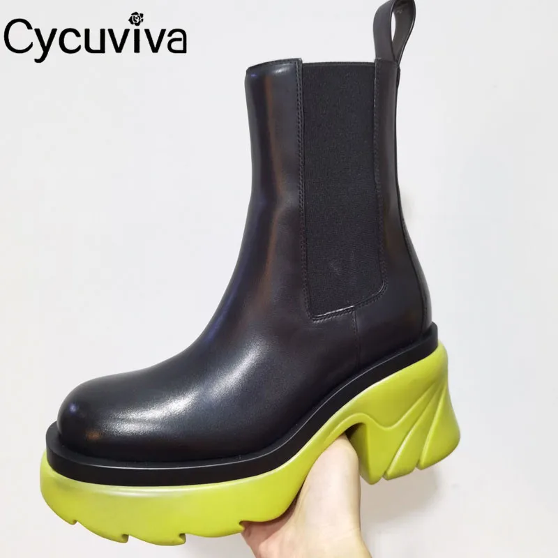 

2021 Chunky Heels Chelsea Ankle Boots For Women Black Real Leather Short Boots Platform Brand Casual Shoes Runway Women Boots