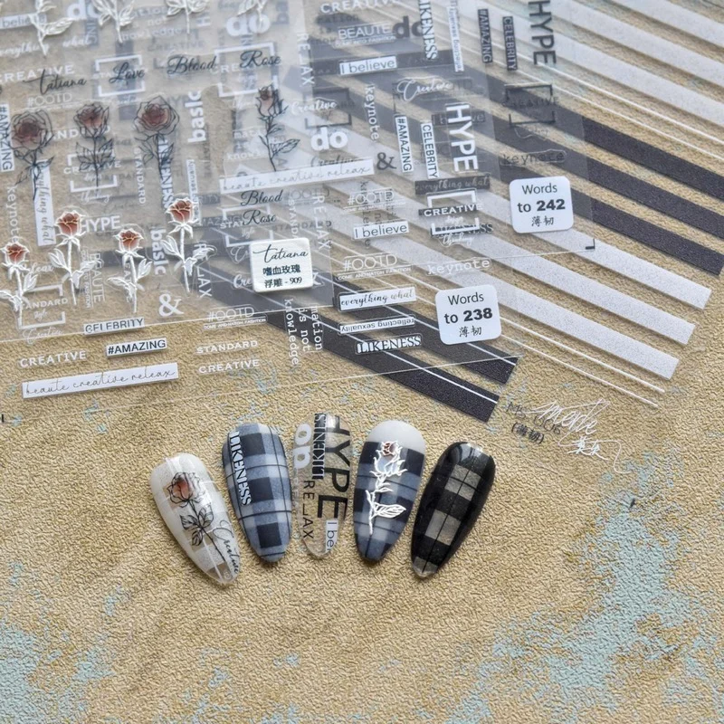 

2021 5D Thin Tough English Word Nail Art Stickers Frosted Effect Transparent DIY Nail Polish Stickers Manicure Decals Decoration