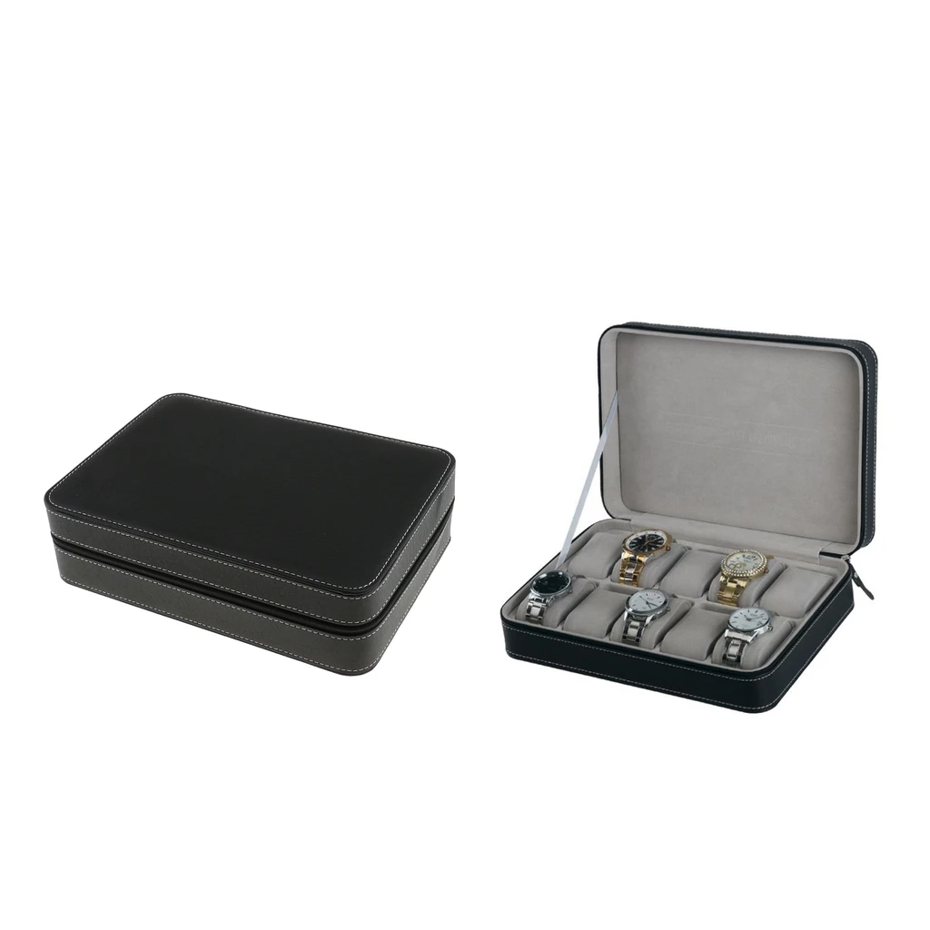 

2x Luxury Zipper Wristwatch Storage Box Jewelry Case 10 Grids PU Leather
