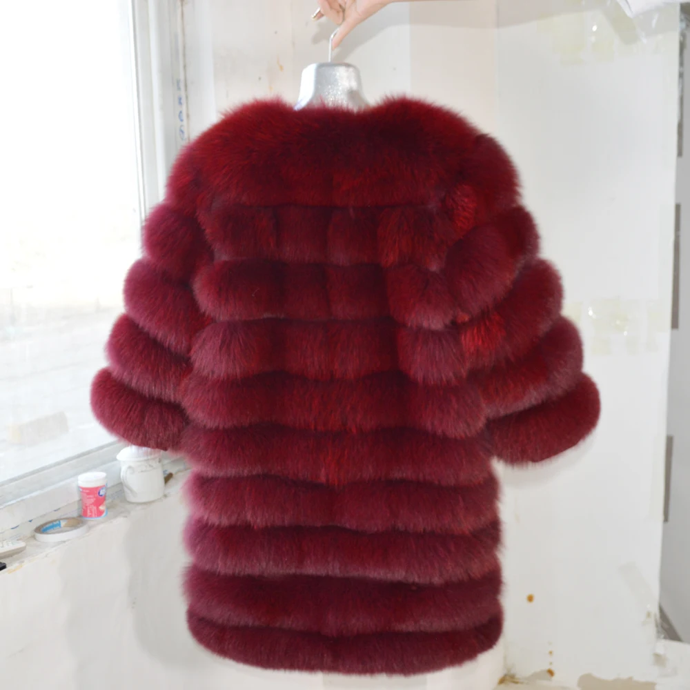 Длинное стильное зимнее плотное теплое пальто с натуральным лисьим мехом 100%