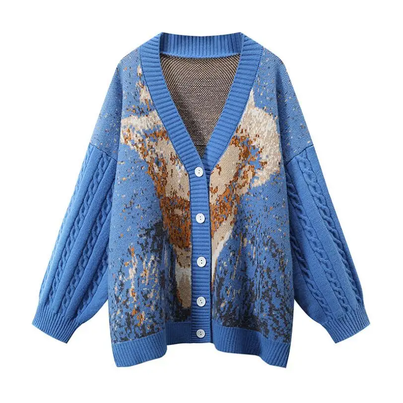 

Кардиган женский синий вязаный свитер куртка осень зима плотное теплое вязаное пальто с V-образным вырезом Модные свободные свитера женски...