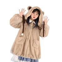 winter lolita kawaii faux fur coat girls fluffy jacket cute bear ear hooded plush overcoat women japanese fashion warm outerwear