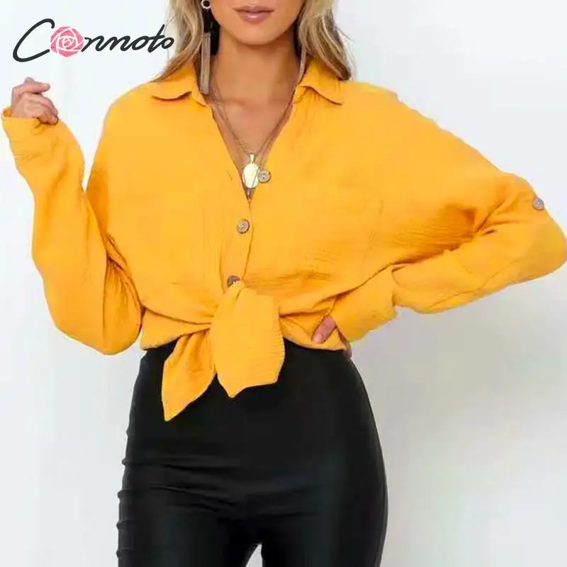 Conmoto модная женская блузка 2019 осень женские желтые карманы рубашки с длинными