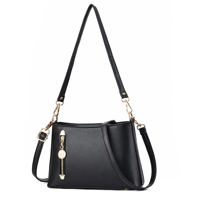 

Women's Messenger Bag Korean Version Of Pink PU Leather Women Handbag Simple Black Zipper Large Capacity Ladies Shoulder Bag