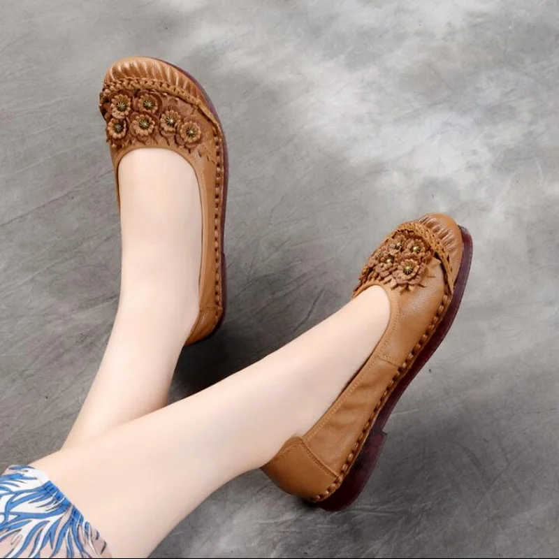 2021 Women Loafers Genuine Leather Flat Heels Flower Round Toe Handmade Shoes Soft Comfortable Platform Ladies Shoes