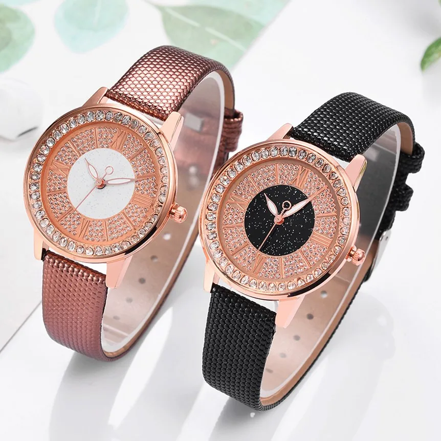 Ladies Casual Watch Women Rose gold dial Leather Strap Quartz Wristwatches Luxury Brand Women's diamond Fashion Bracelet Clock | Наручные