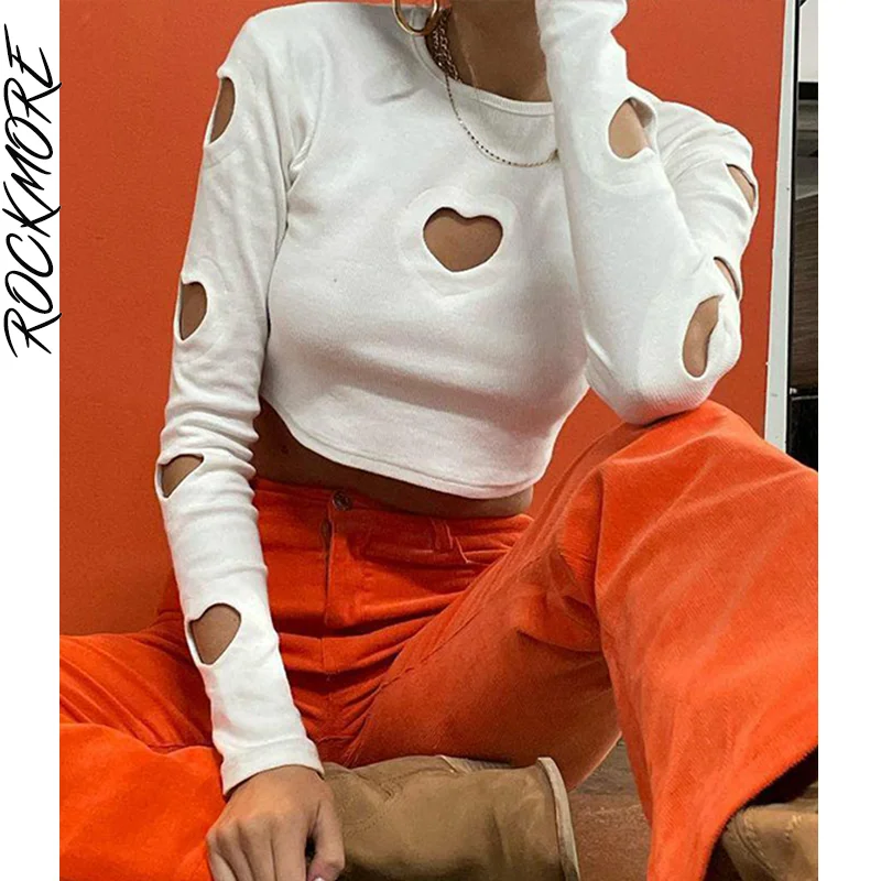 

Rockmore Heart Hollow Out Crop Tops Women Sexy Long Sleeve T-shirt Autumn Solid Basic Tee Shirts Fashion Streetwear Pullovers