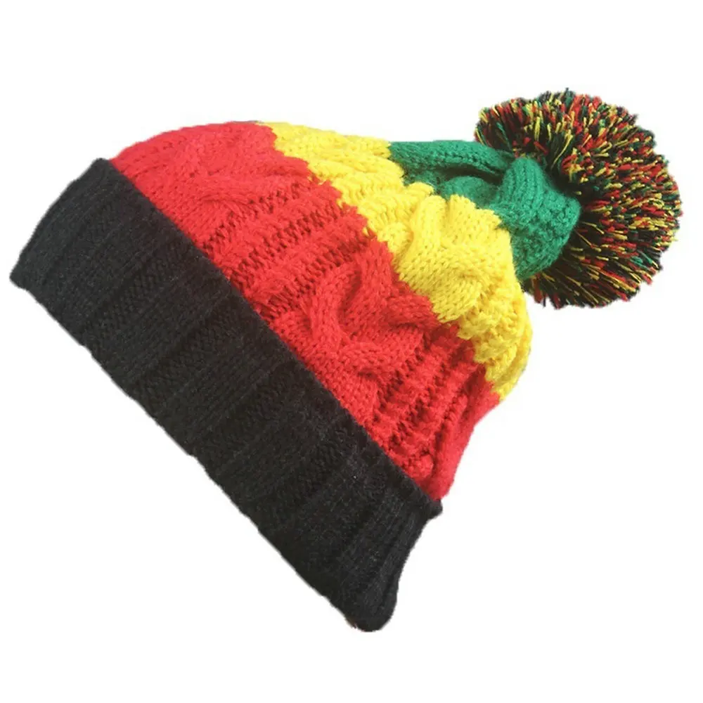 

Reggae Beanie Hat Cap Punk Rock Knitted Hat Stretch Rasta Cuffed Beanie Pom-pom Baggy Beanie Men&Women Knit Hat Free Size
