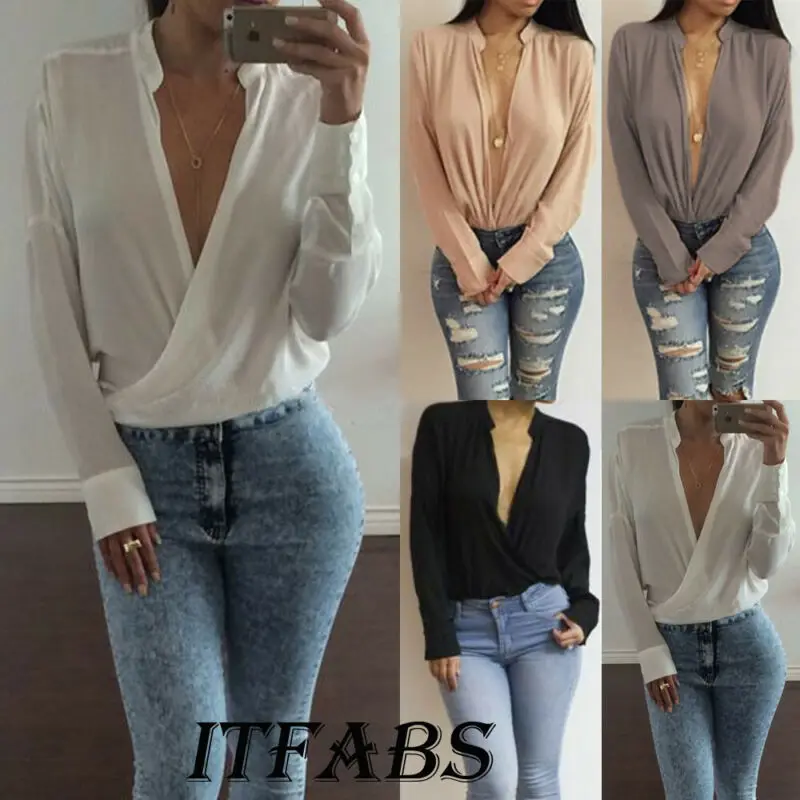 Womens Blouse Shirt Long Sleeve Stand Collar Solid Color Loose Chiffon Cardigan Deep V Neck Fashion Office Shirts Autumn | Женская