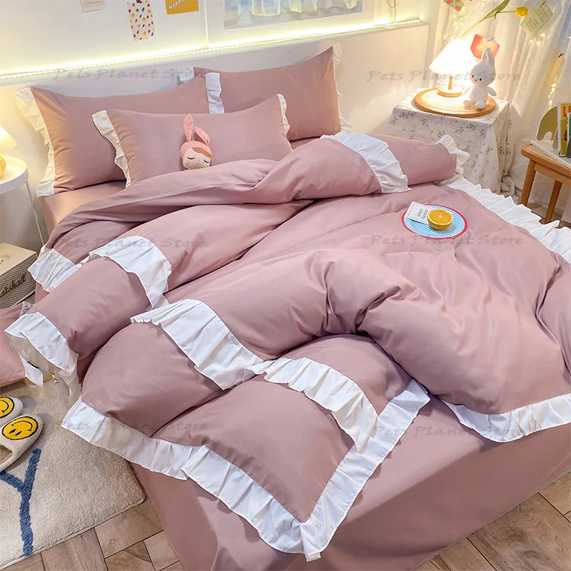 

Pure color student brushed simple thickened four seasons cotton four-piece ruffled girl heart ins wind quilt cover sheet