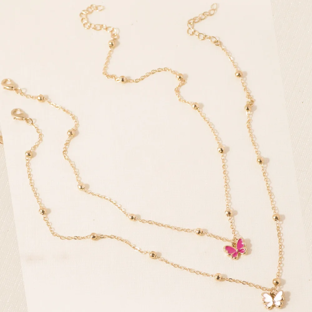 

BBEAUTY LAYER 2 Layers Butterfly Pendant Necklace Cute Sweet Gold Color Chain Necklaces for Women Jewelry Party Gift