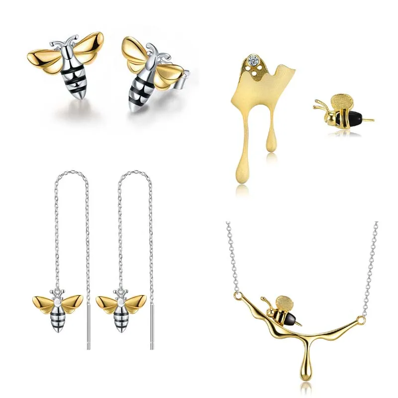 

Real 925 Sterling Silver 18K Gold Lovely Honey Bee Series Earrings Pendant Necklace Ring Fine Jewelry Women's MeiBaPJFS
