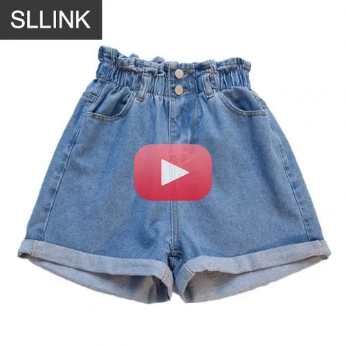 

Shorts Summer High Waist Denim Shorts Women Casual Loose Ladies Fashion Roll Up Elastic Waist Pocket Blue White Jeans Female