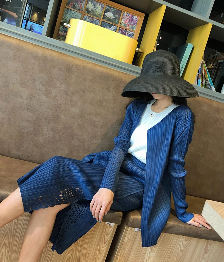 Issey плиссированные костюмы, одноцветные открытые пальто и юбка длиной до щиколотки, два предмета, Женский комплект, Новинка осени, японский стиль