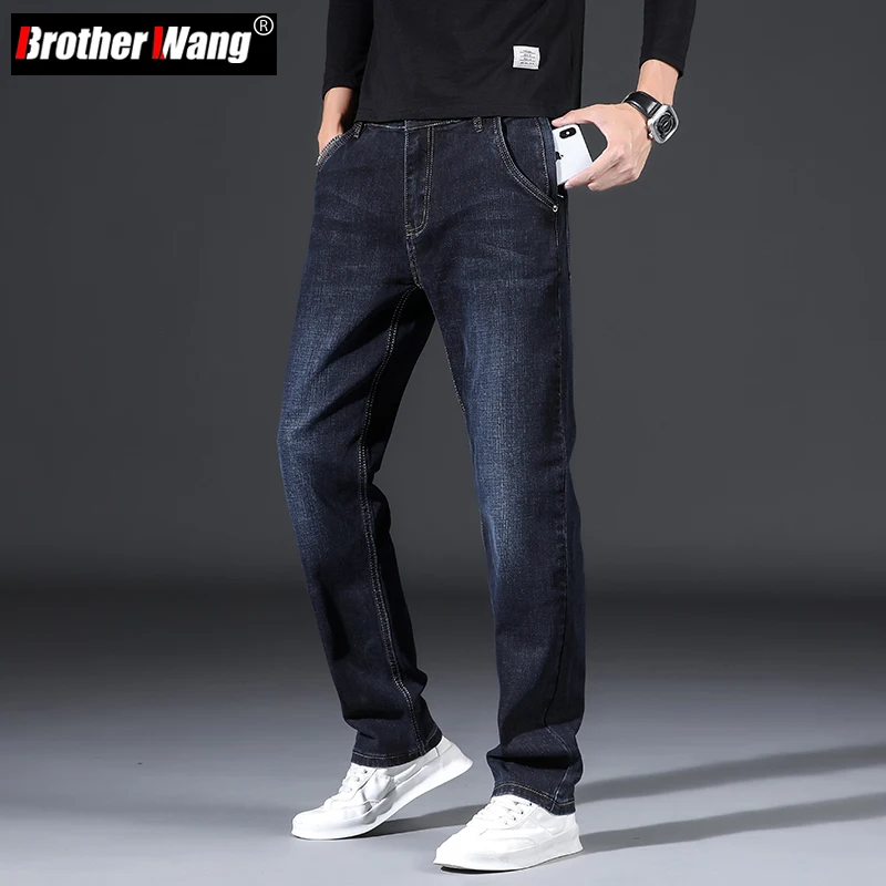 

Brother Wang 2021 Autumn New Anti-theft Zipper Jeans Men Business Casual Elasticity Straight Denim Pants Male Brand Black Blue