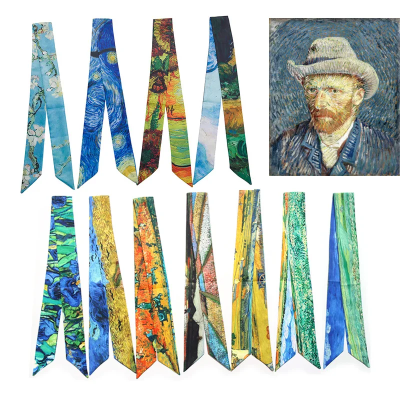 

Art Van Gogh wheat field starry sky oil painting slender narrow ribbon binding handle Silk Scarf Hair Scarf