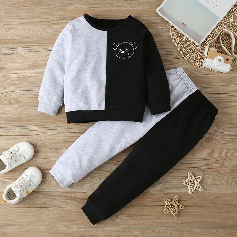 

2021 Winter Children Sets Casual Long Sleeve Patchwork Print Bear T-shirt Pants Cute 2Pcs Roupa Infantil Menina Clothes Sets
