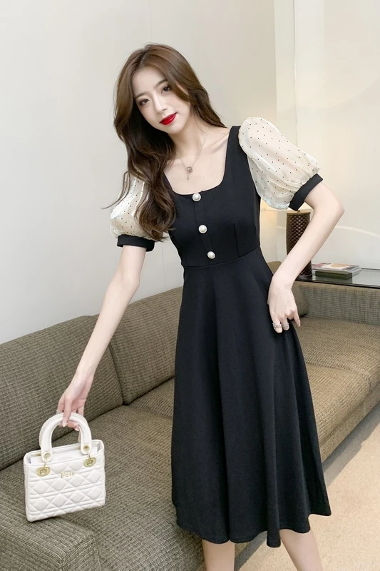 

COIGARSAM Patchwork Women one-piece dress korean Summer Polka Dot Mesh Dresses Black 889