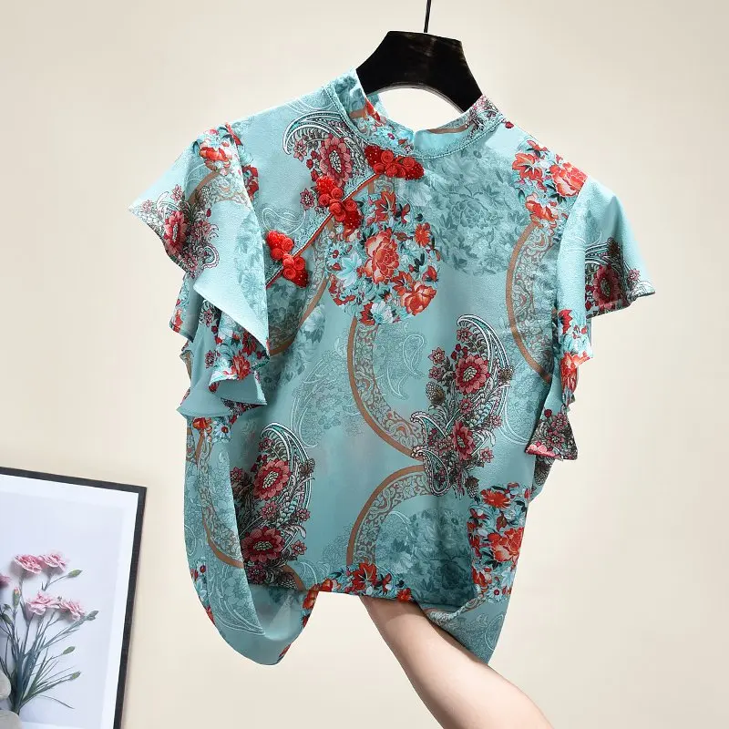 Chinese Cheongsam Style Women Floral Chiffon Shirt 2020 Summer Blouse Ruffles Short Sleeve Shirts Tops Blusas A3252 | Женская одежда