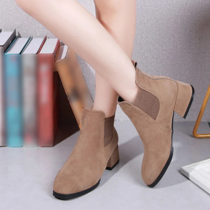 

Women's Shoes Autumn Women Ankle Boots Suede Black Boots Slip on Ladies Casual Thick Heel Shoes Fashion Comfort Female