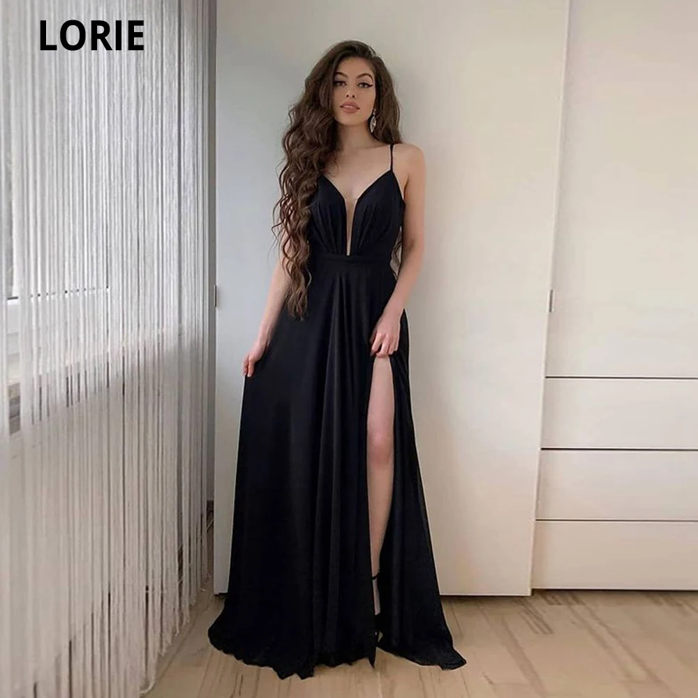 LORIE – robe longue De soirée noire, ligne a, col en v, bretelles Spaghetti, plissée, tenue De bal, fente latérale, 2022  (0)