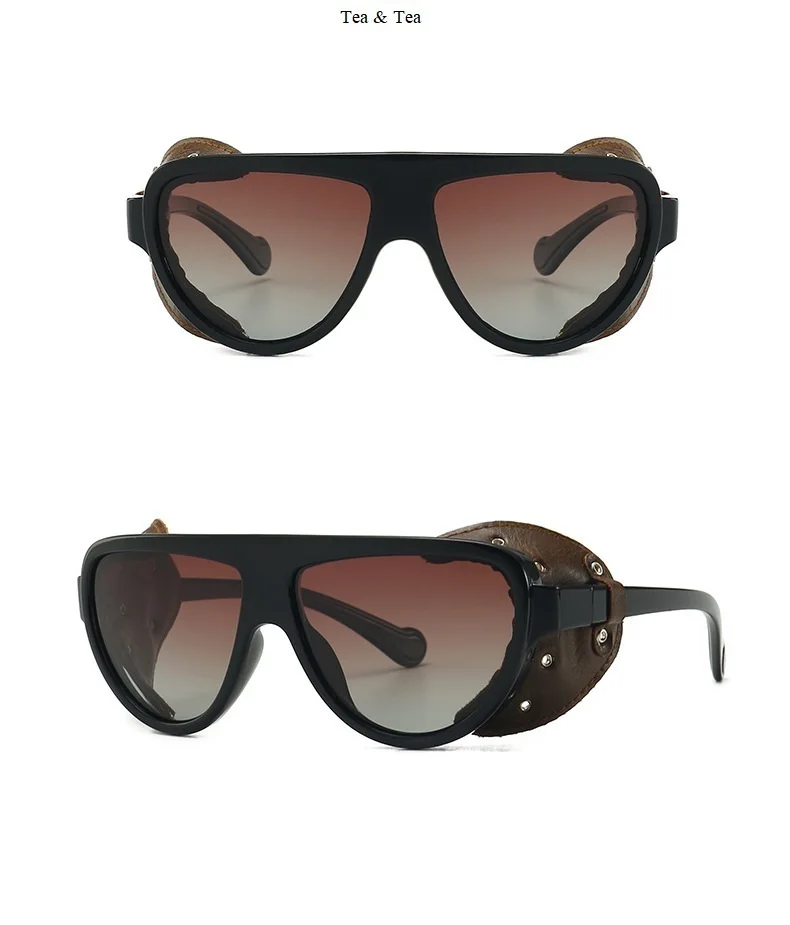 Steampunk Black Pu Leather Frame Polarized Sunglasses For Men Vintage Luxury Brand Round Punk Sun Glasses Women Chic Eyewear New