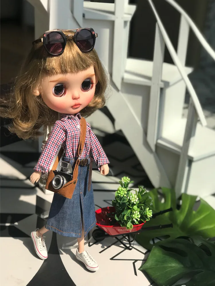 Новинка 1/6 Куклы длинные Рубашки в клетку штаны Blyth с джинсовой юбкой Одежда для