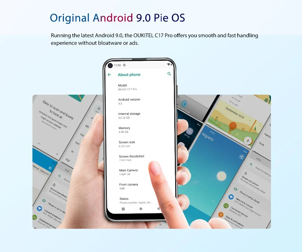 OUKITEL C17 Pro 4G мобильный телефон Тройная задняя камера 6,3" 4 Гб 64 Гб восьмиядерный смартфон 3900 мАч Android 9,0 разблокировка лица сотовый телефон