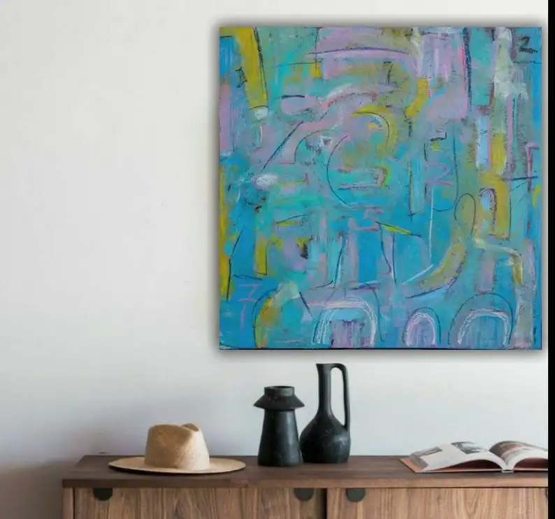 Абстрактная картина настенная живопись экспрессионистская синяя желтая розовая