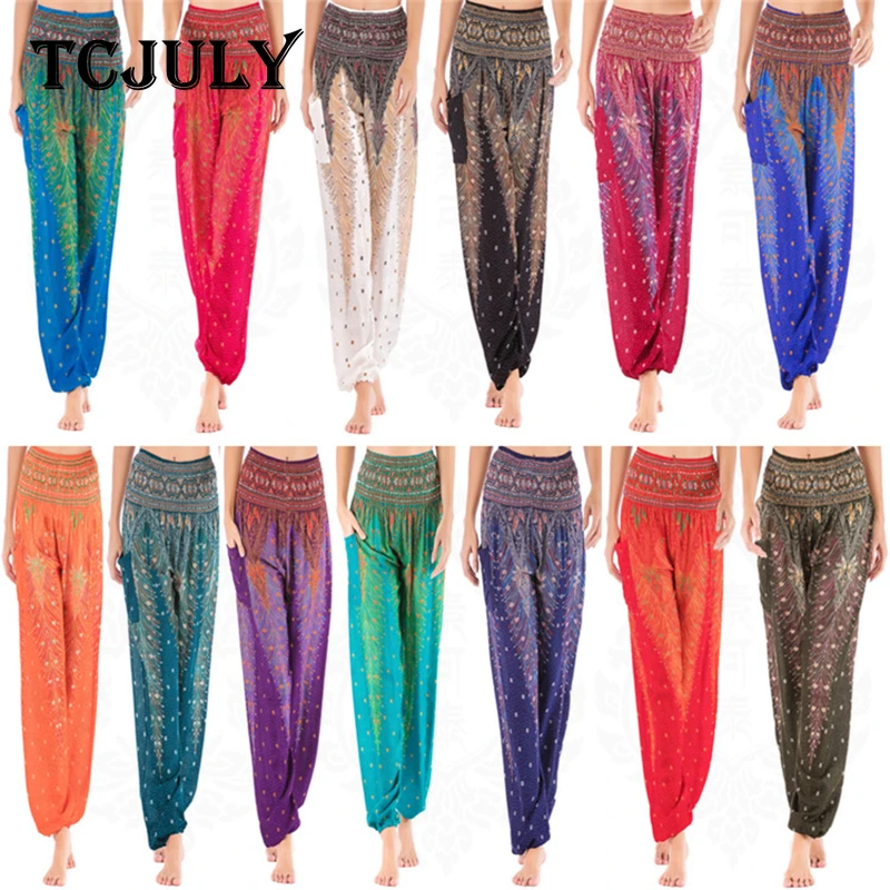 Женские шаровары с принтом павлина TCJULY Свободные повседневные брюки высокой