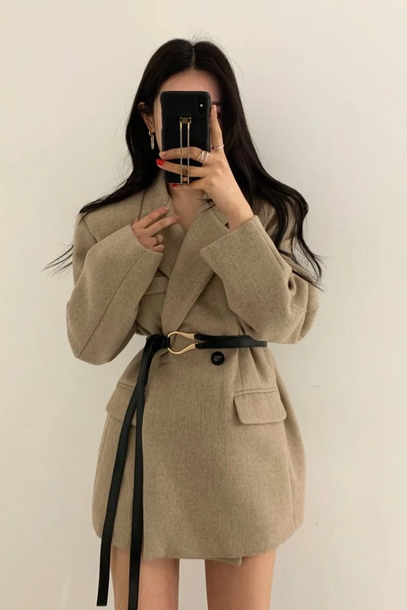 

New 2020 Autumn Winter Women coat with Belt Woolen Formal Jackets Outerwear Chic Office Lady Slim Coat Tops Korean SA073S50