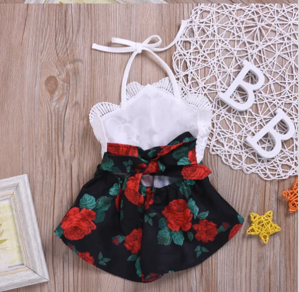 0-3Y Summer Outfits Newborn Toddler Baby Girls Halter Neck Floral Lace Flower Printed Wide Leg Shorts Rompers Playsuits | Детская одежда