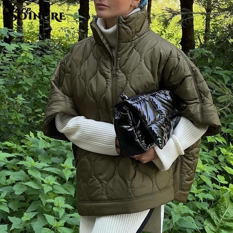 

Женская хлопковая куртка на молнии, повседневная Толстая куртка с коротким рукавом летучая мышь и воротником-стойкой, 2021 пух, Осень-зима