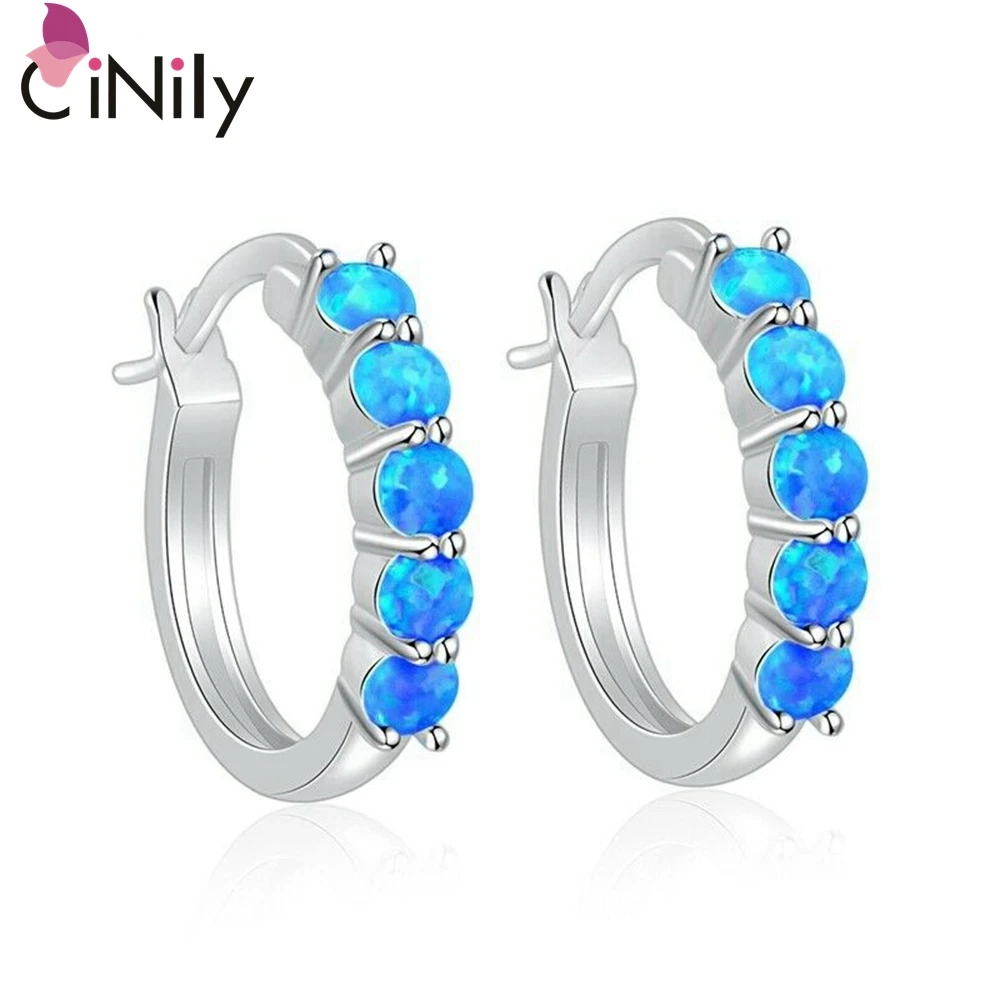 

CiNily Blue Fire Opal Silver Plated Earrings Wholesale & Retail For Women Jewelry Hoop Earrings 20mm OH3462