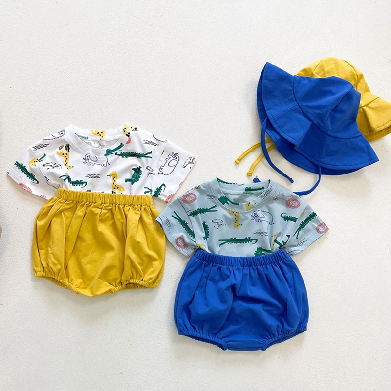

Summer Baby Girls Boys Clothes Suit Cotton Short Sleeve Cartoon Printed T-shirt+Shorts+Hat Baby Girls Boys Clothing Set