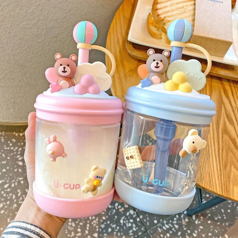 

Kawaii Bear Candy Water Bottle With Straw Sticker Cute Plastic Juice Milk Portable Shaker Leakproof Water Cup For Kids BPA Free