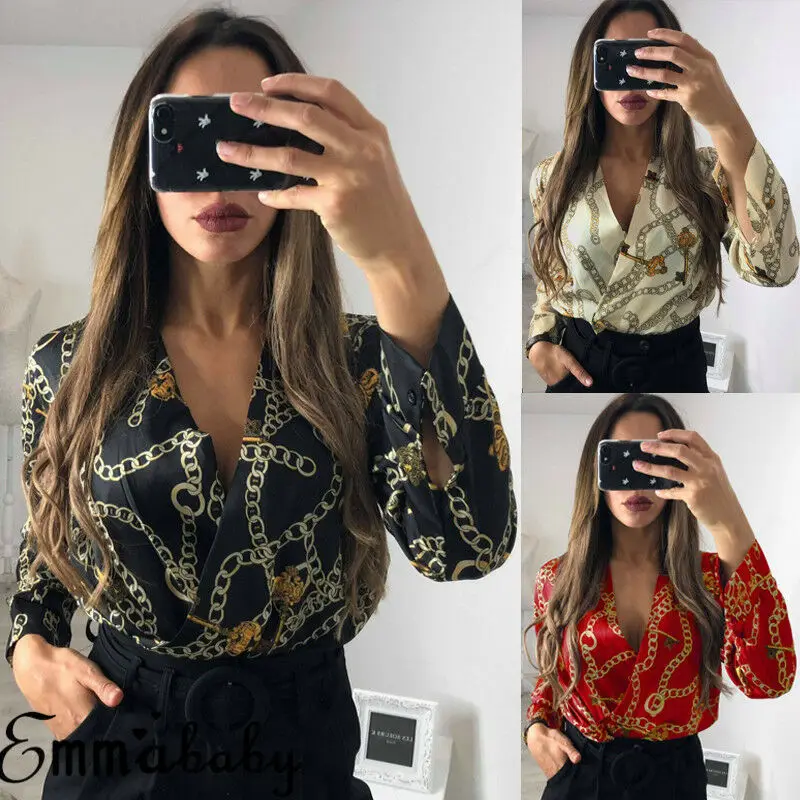 Vintage Silk Rompers Womens Jumpsuit Long Sleeve Chain Print Top Shirt Ladies Deep V Neck Key Printed Sexy Satin Bodysuits | Женская