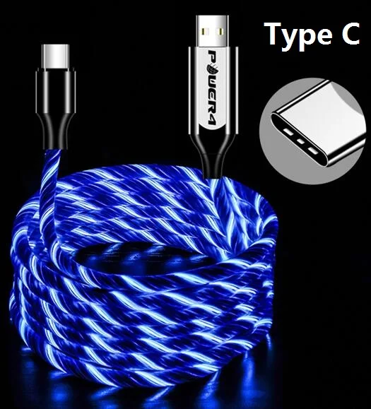 Power4 Прохладный светящийся USB C Микро зарядный кабель три разъема доступны для Lightning/Apple Android type-C зарядки мобильного телефона - Цвет: Type-C-Blue