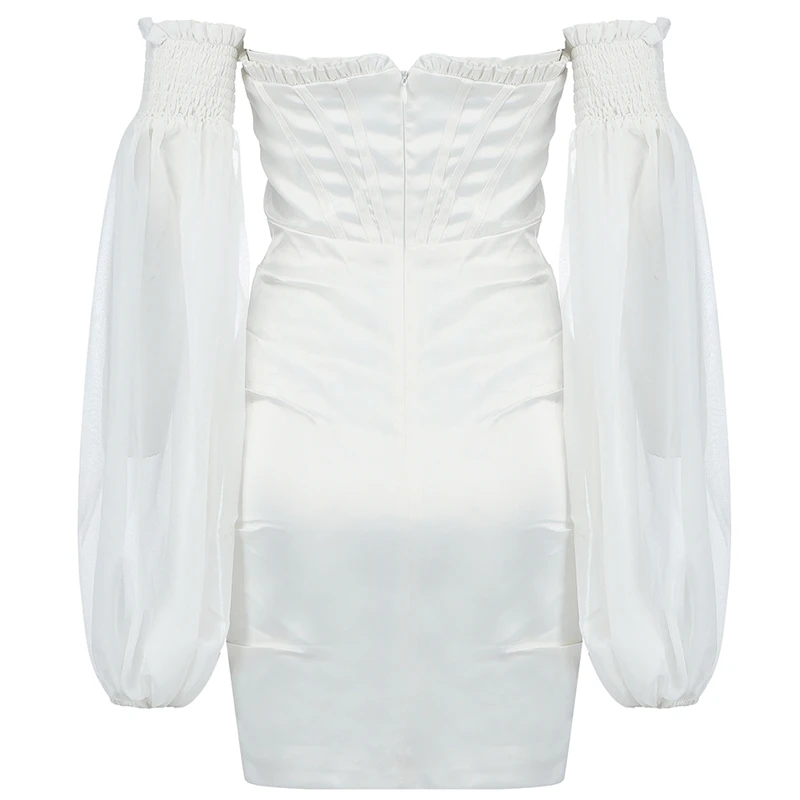 

Beateen 2020 New Sexy Off Shoulder Lantern Sleeve Strapless Heart-shaped Neck Backless Mini Dress Celebrity Party Vestidos white