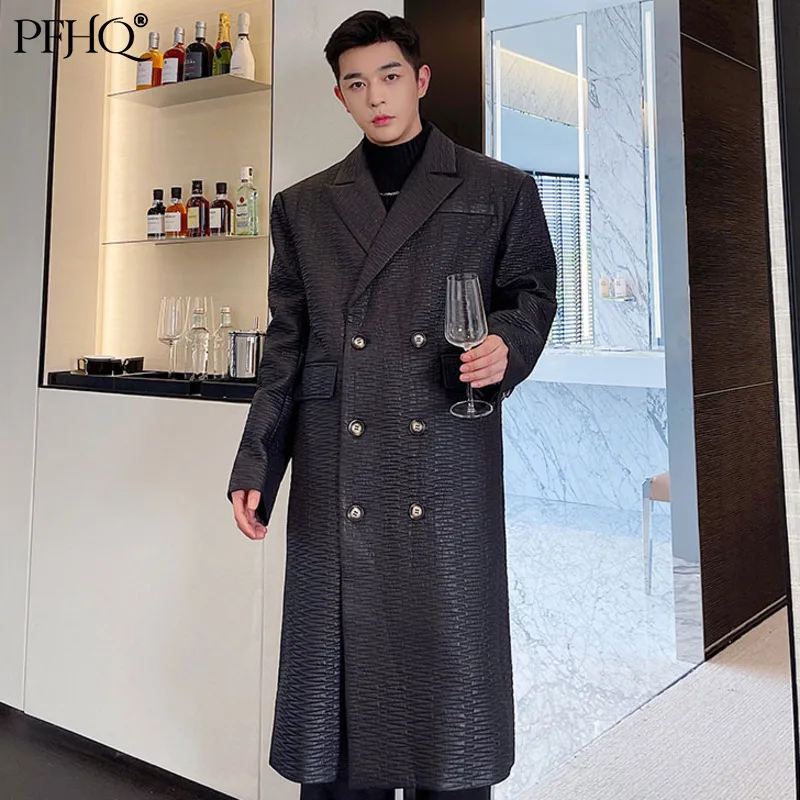 

PFHQ 2021 Men Fashion Loose Lapel Solid Color Autumn Winter Wide Shoulder Long Cotton Quilted Line Imitation Leather 21E4999