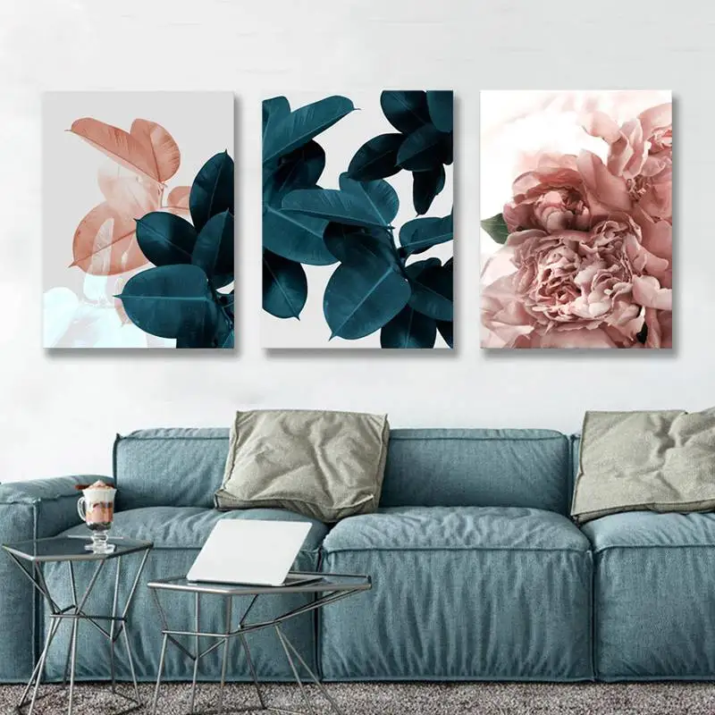Современное настенное искусство розовые цветы зеленые растения холст картины