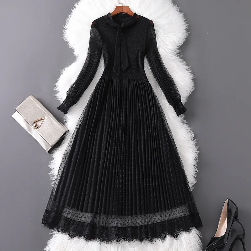 Женское черное Сетчатое платье в горошек элегантное стрейчевое ТРАПЕЦИЕВИДНОЕ