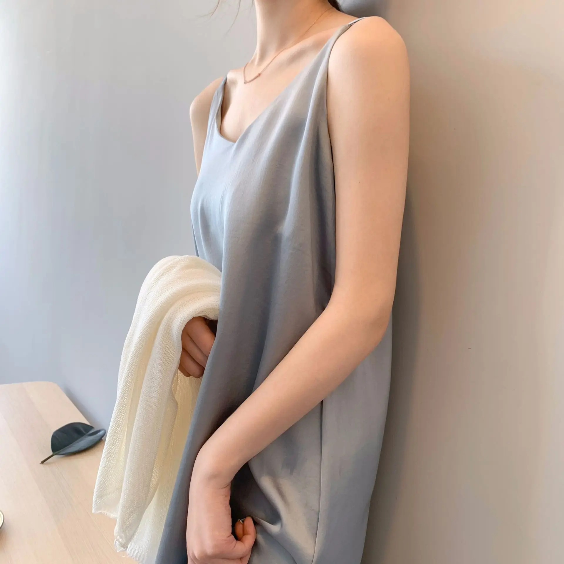

Fashion High Quality Women's Dress Summer Spaghetti Satin Long Woman Dress Very Soft Smooth Luxurious Temperament Long Skirt 119