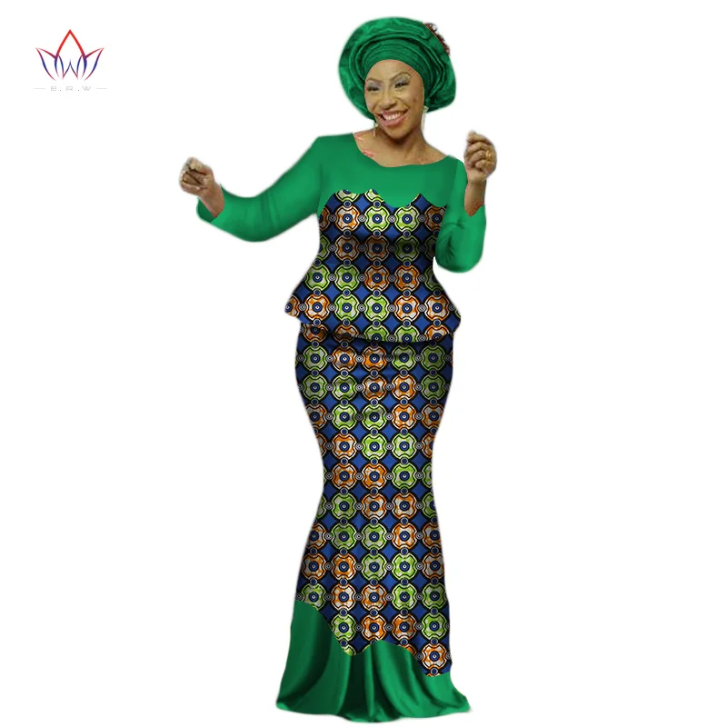 Africa Style Bazin Riche Dresses for Women Two Pieces Set Women Long Sleeve Tops and Long African Print Skirt Plus Size WY2454 - Цвет: 9