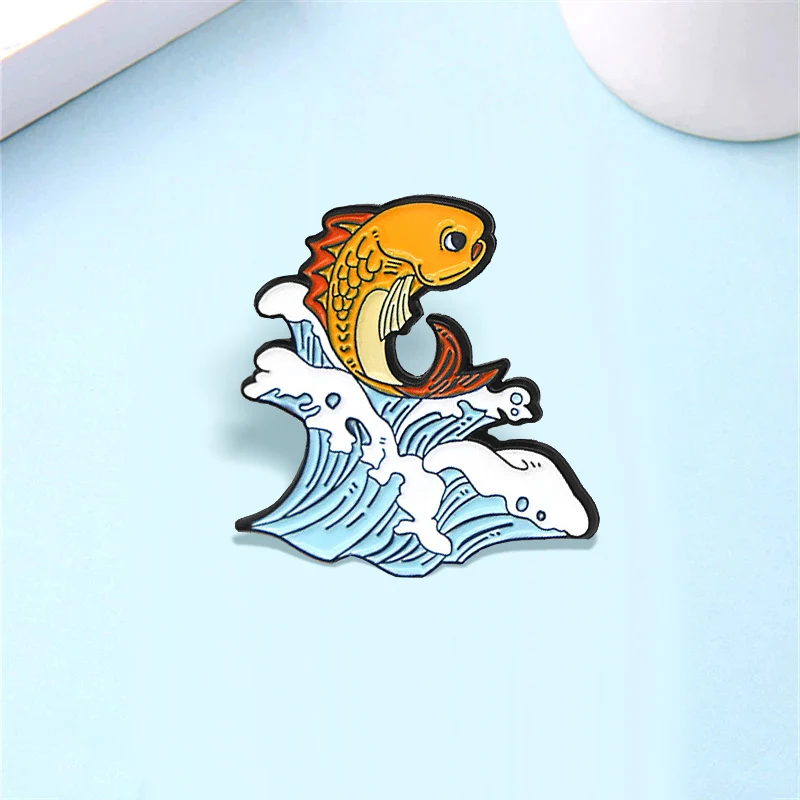 Wave Koi Pins Ocean Sea Wave Brooches Goldfish Fish Carp Koi Surfing Creative Badges Blue Wave Enamel Pin Jewelry Brosche Bijoux