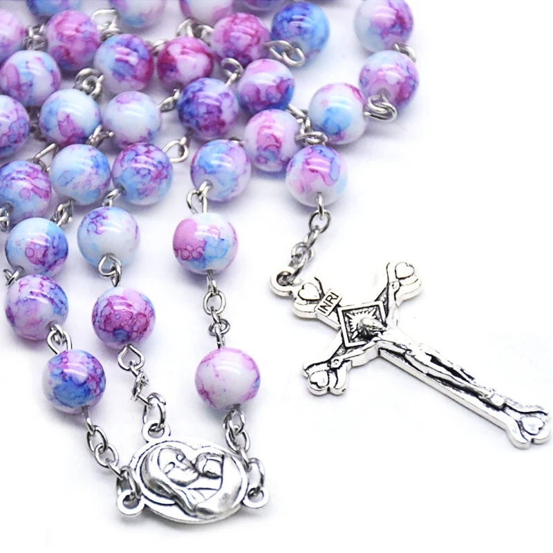 

Handmade Rosary Necklace with Jesus Crucifix Prayer Beads Catholic Religious Ornament Christian Prayer Gift