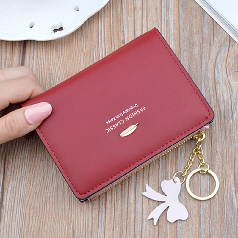 

2020 Adies Short Wallet Female Student Simple PU Leather Tassel Leaf Fashion Coin Purse Zipper Card Holder Pendant Decor