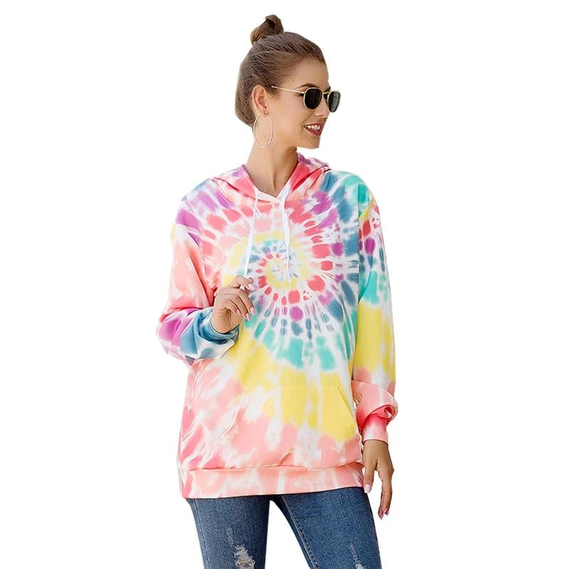

Women Spring Autumn Long Sleeves Loose Hooded Sweatshirt Printing Dyeing Drawstring Hoodie Casual Pullover Tops with Side Pocket